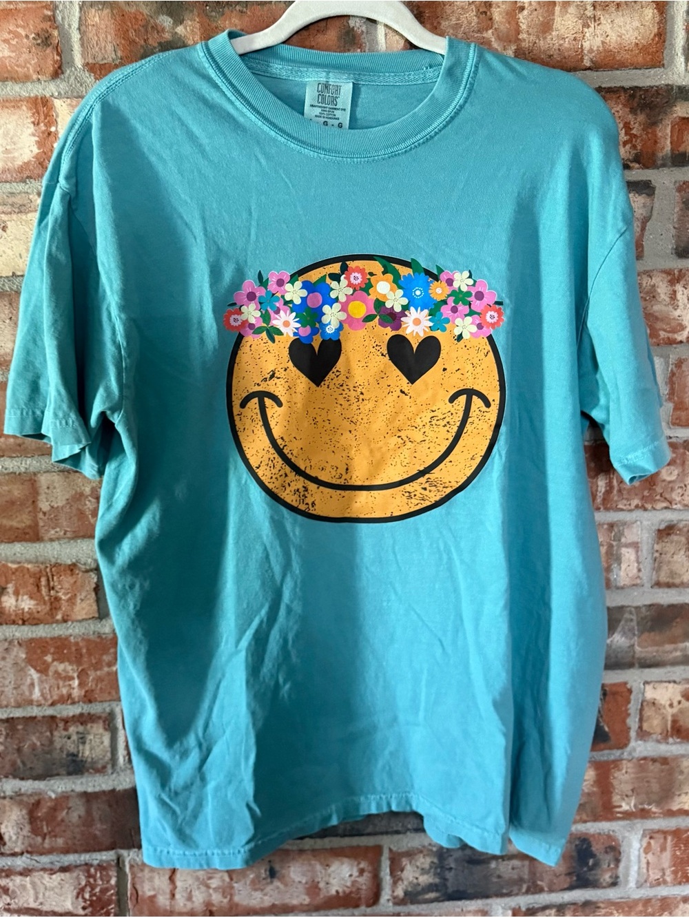 Comfort Colors Turquoise Smiley Face Tee with Floral Crown